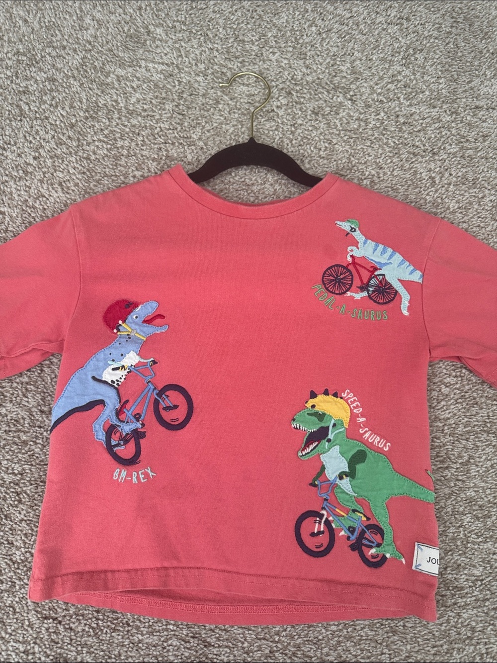 Joules Coral Short Sleeve Tee with Colorful Dino Bike Appliqués